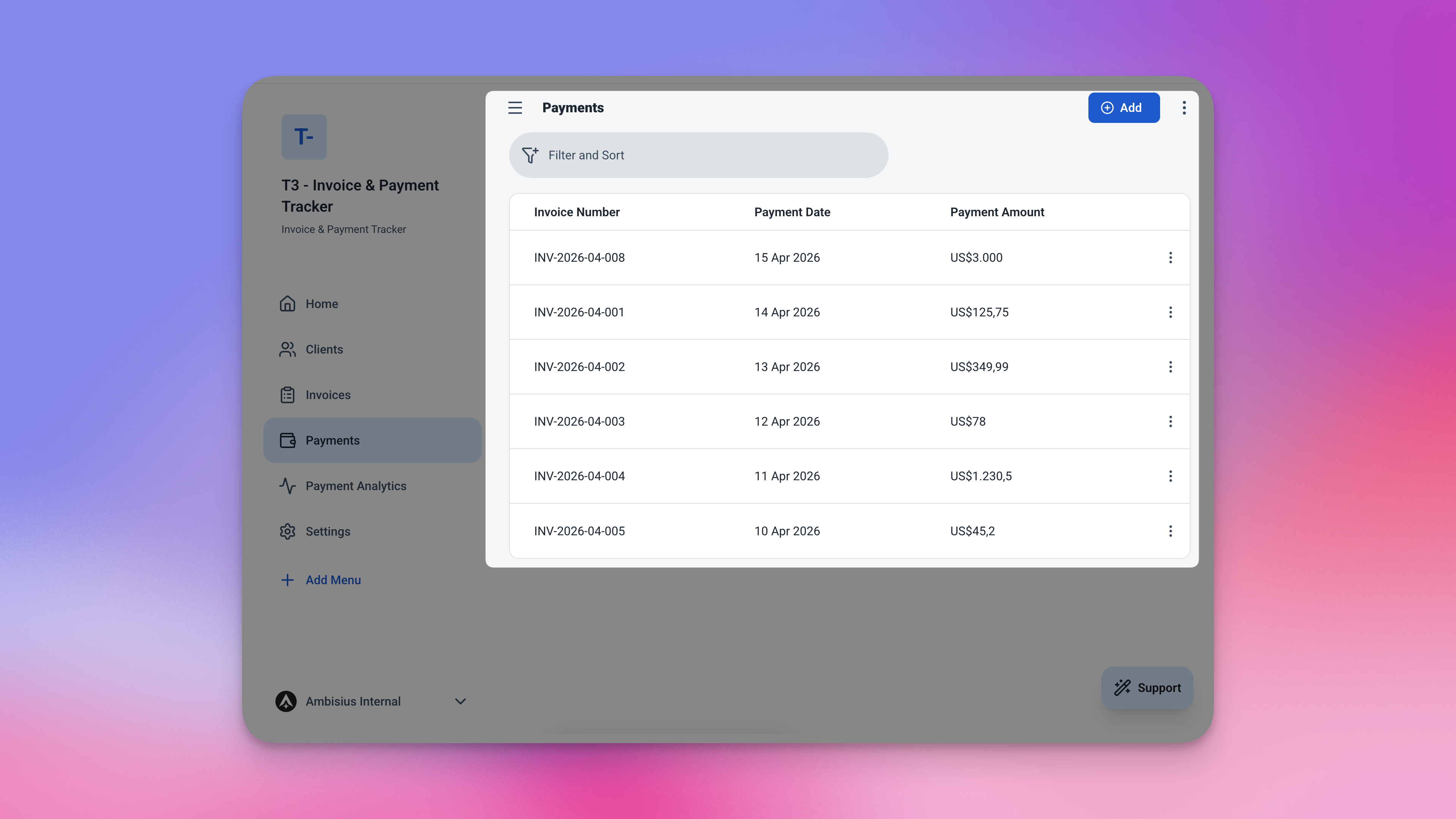 Tabel Faktur Ambisius menunjukkan contoh baris dengan nomor faktur INV-0001 hingga INV-0004, nama klien, tanggal terbit, tanggal jatuh tempo, jumlah, dan sisa saldo