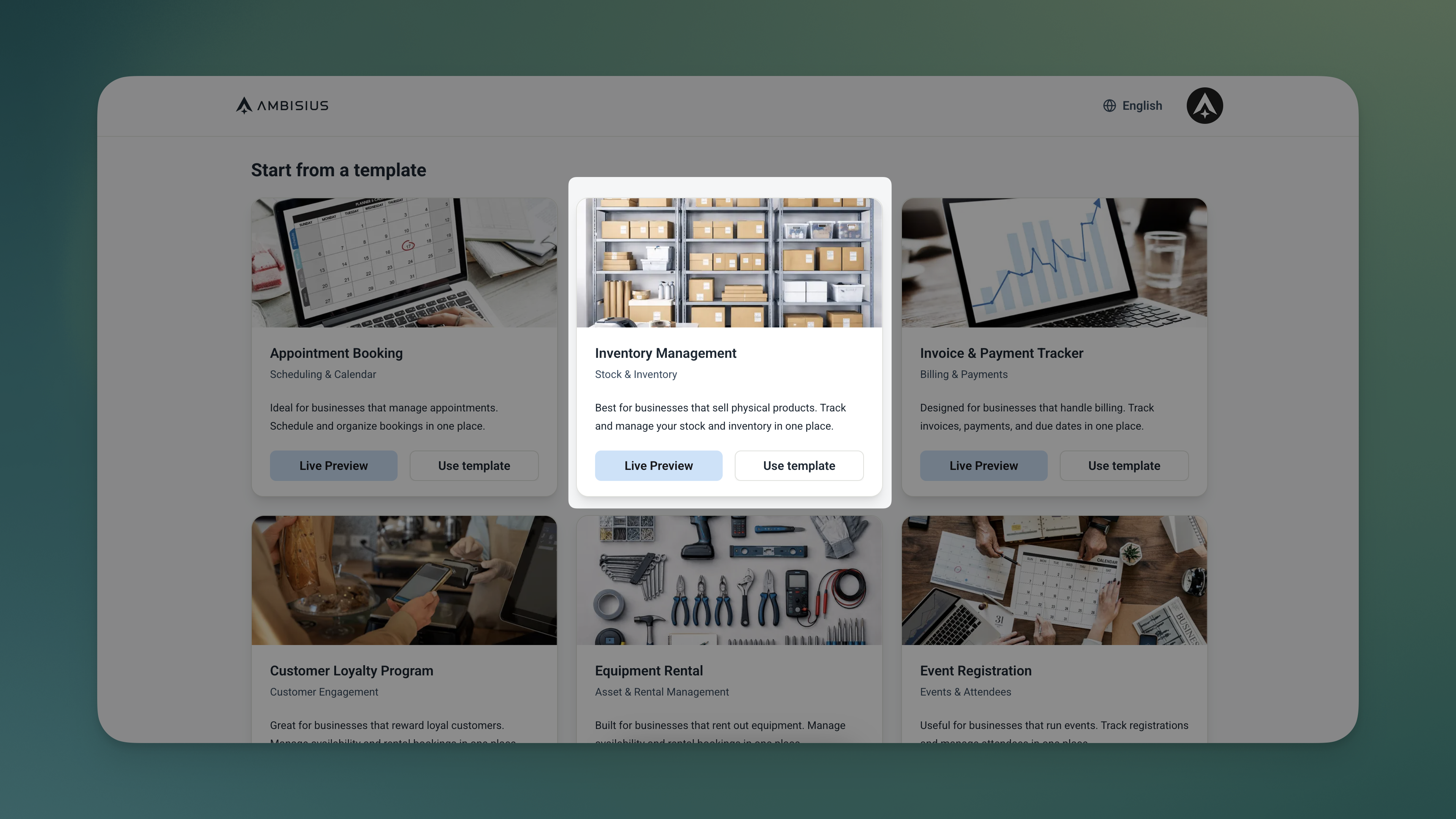 Layar katalog templat Ambisius menyoroti kartu templat Manajemen Inventaris yang siap diduplikasi