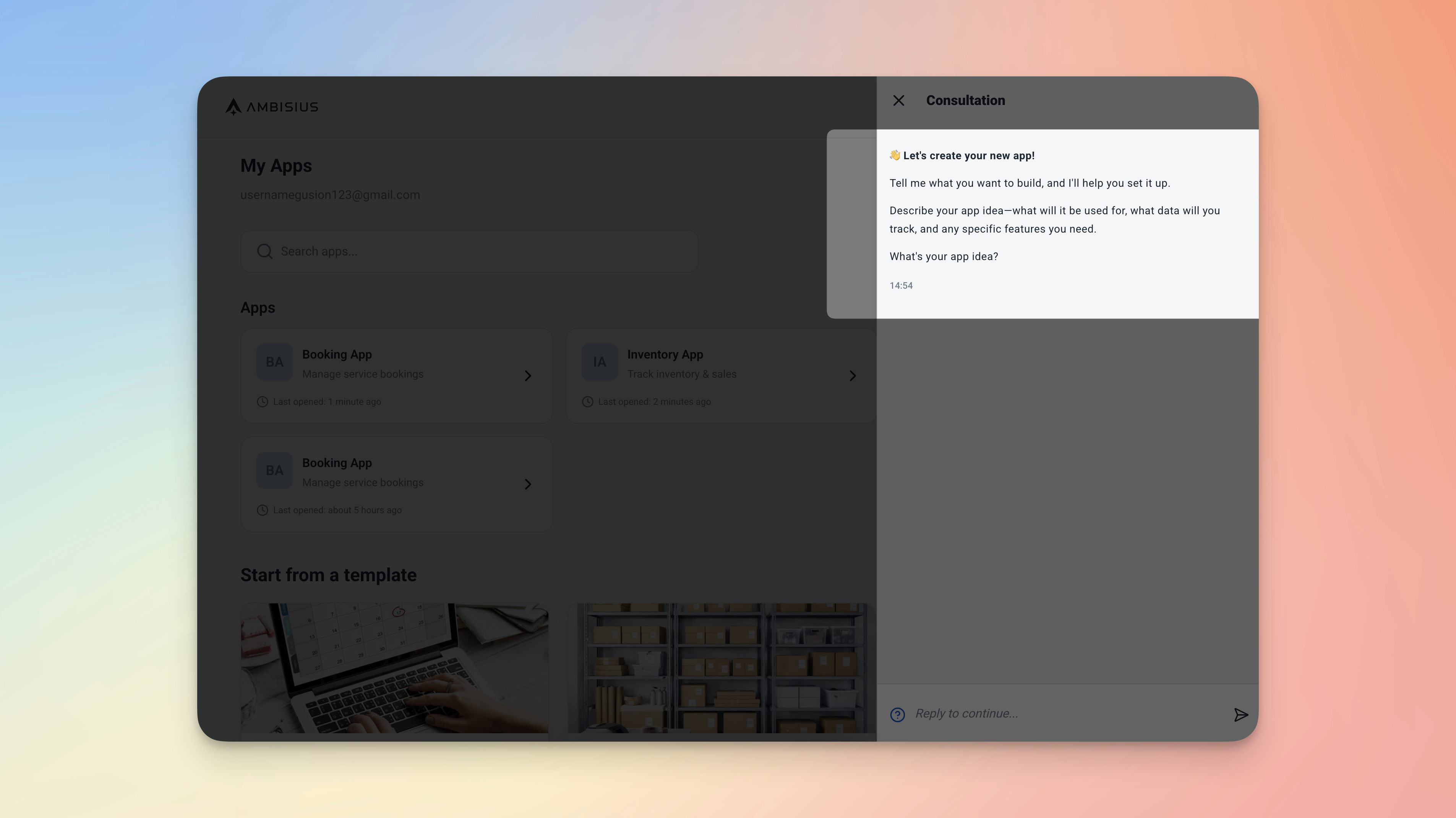 Ambisius onboarding screen showing the AI chat interface prompting the user to describe their business