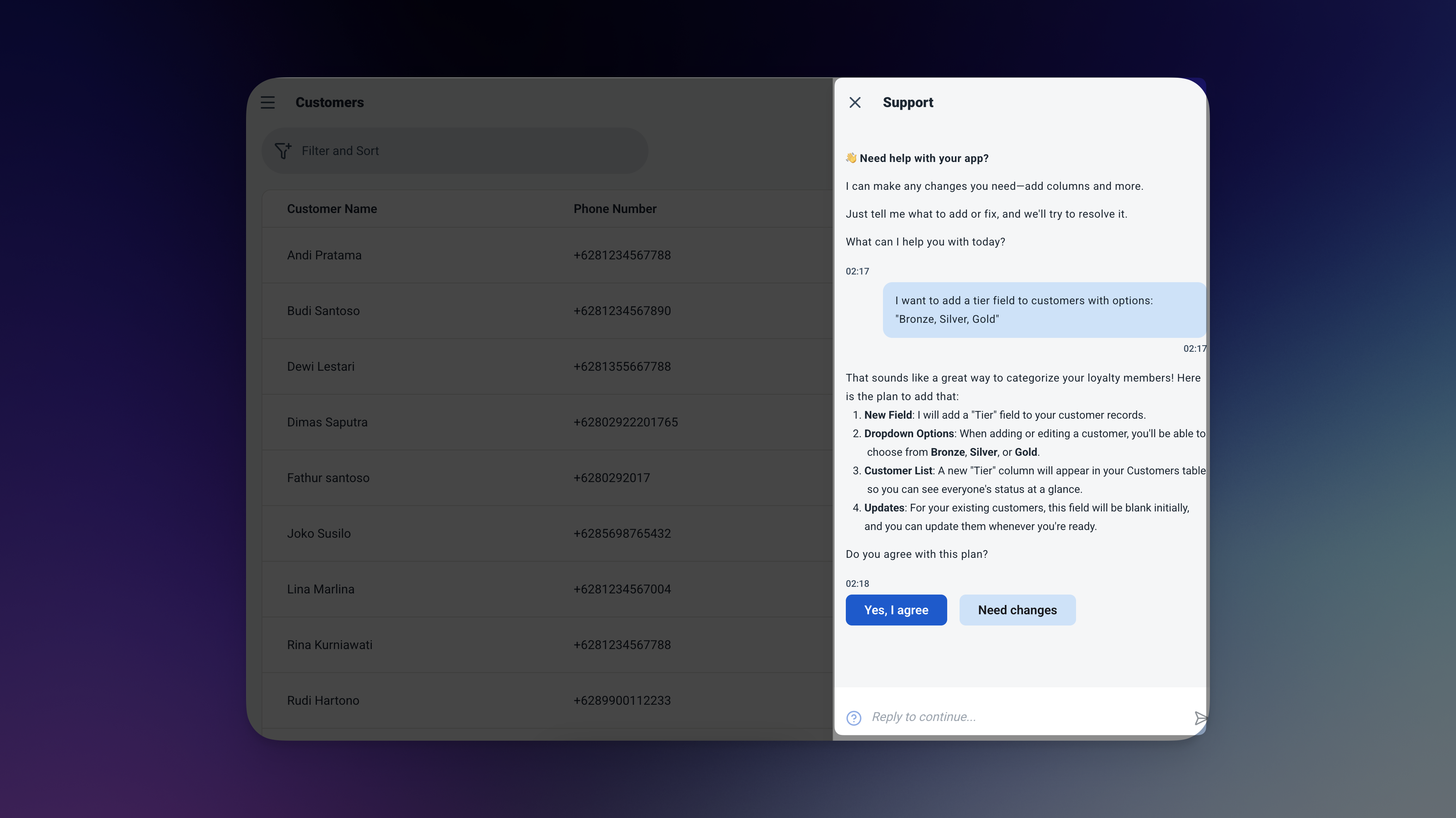 Ambisius chat interface showing a user request to add a tier field to customers with options Bronze, Silver, and Gold
