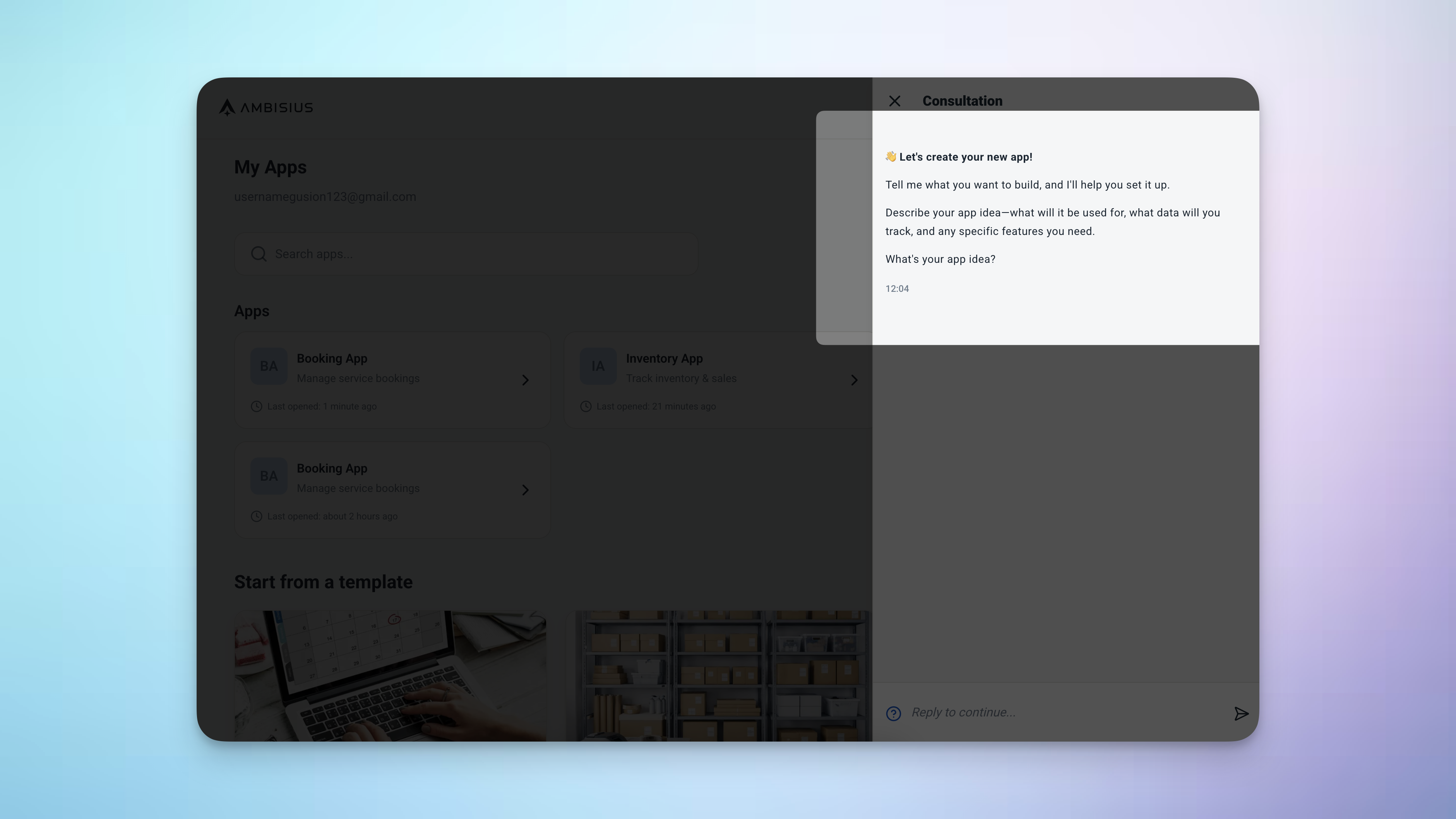 Ambisius onboarding screen showing the AI chat interface prompting the user to describe their business needs