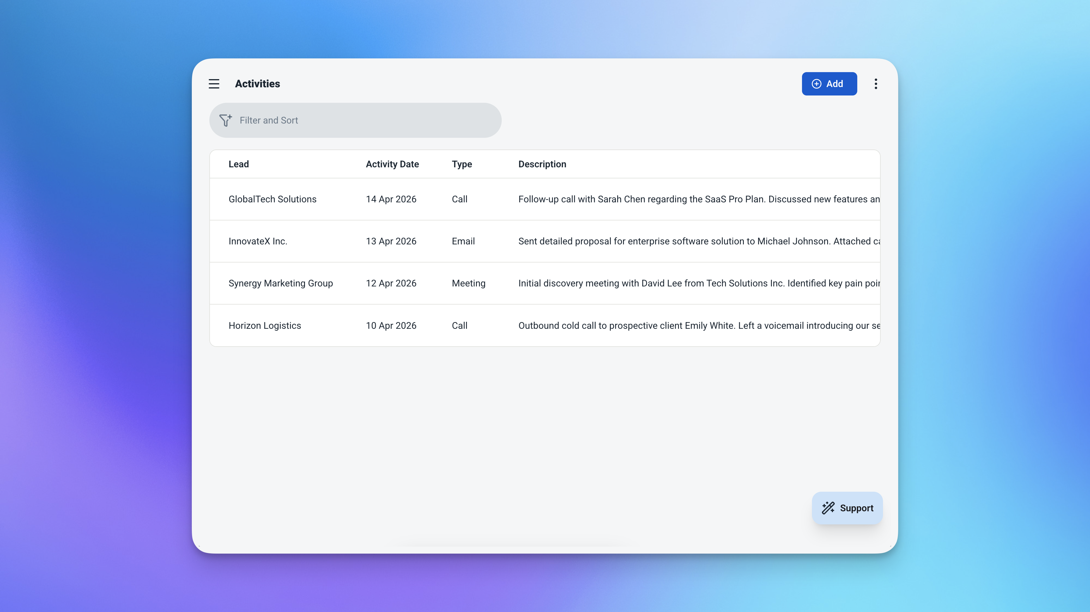 Log aktivitas Ambisius menunjukkan entri panggilan, email, dan rapat untuk satu prospek dengan tanggal dan deskripsi