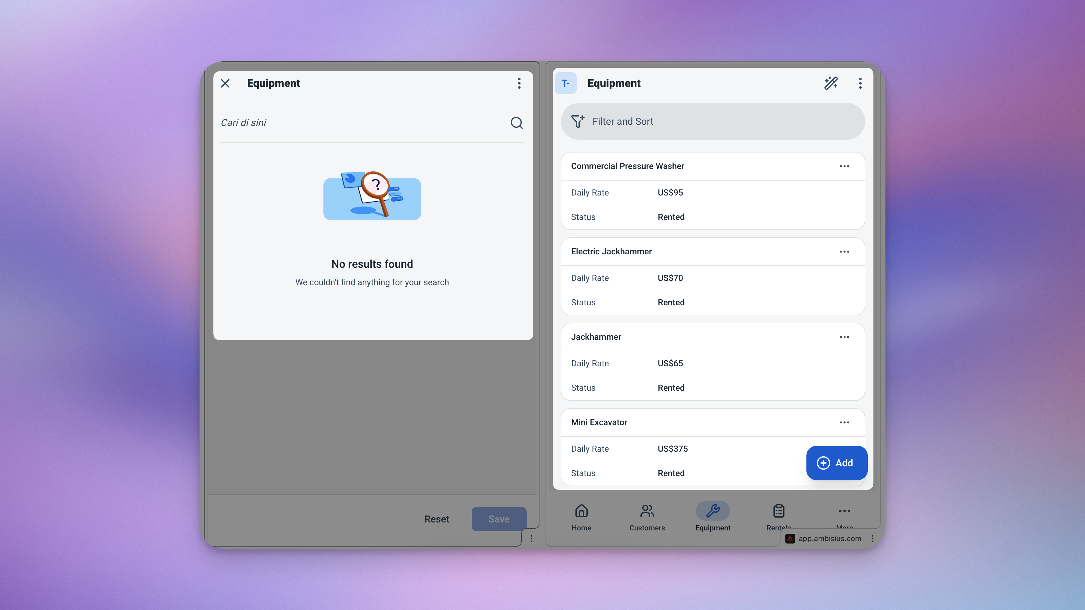 Ambisius validation message blocking rental of equipment already marked as Rented