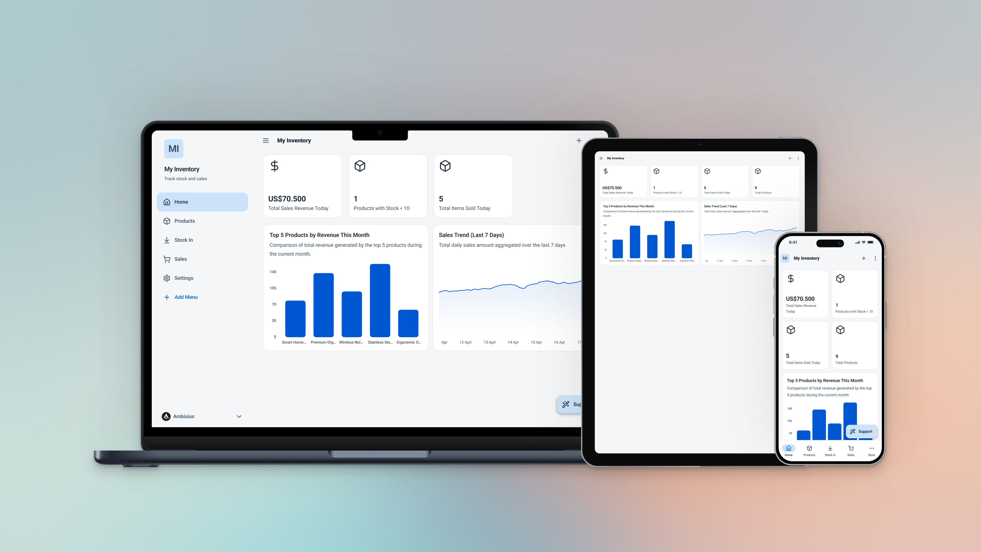 Ambisius app dashboard shown on mobile phone, tablet, and desktop browser side by side