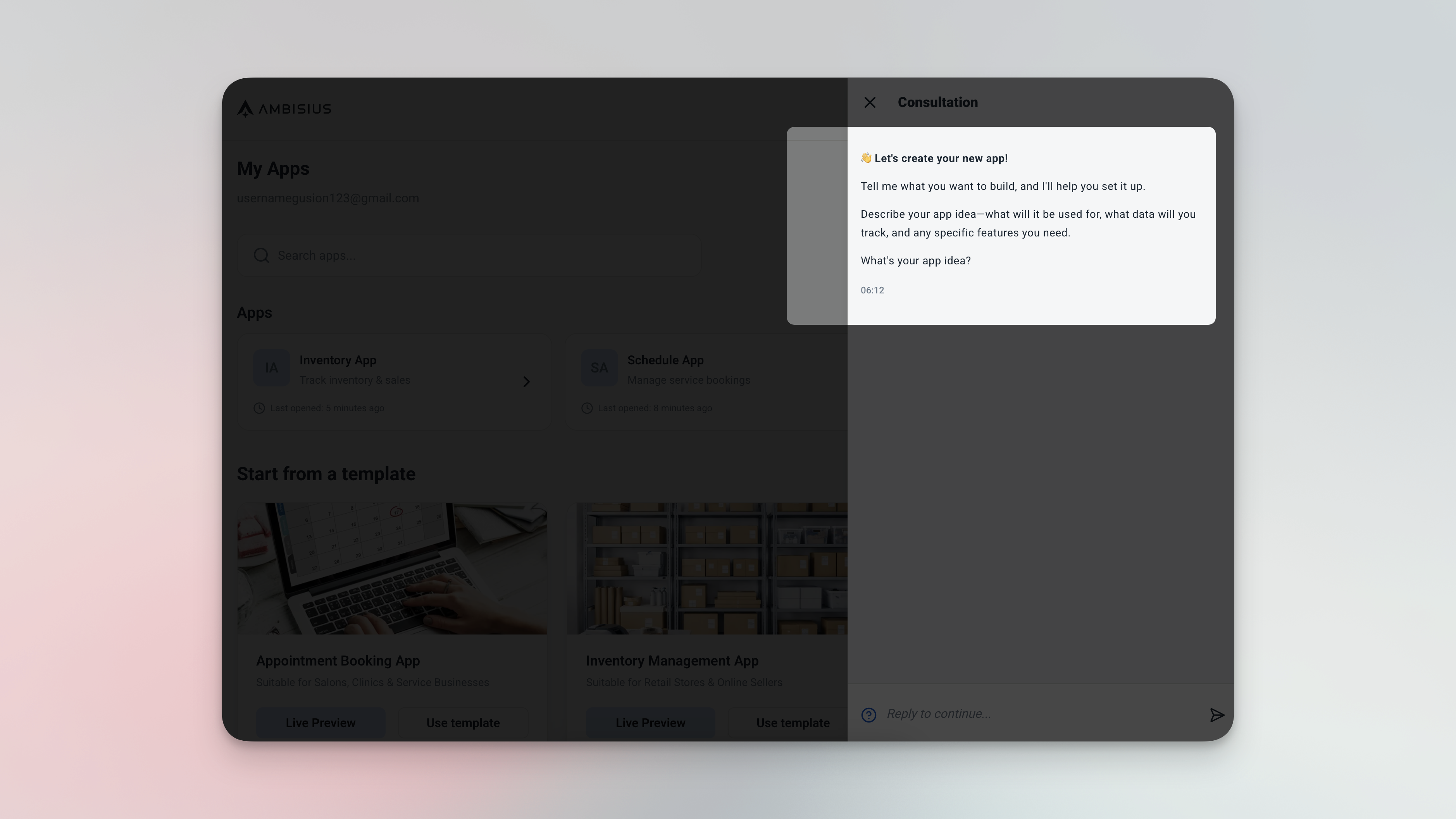 Ambisius onboarding screen showing the AI chat interface prompting the user to describe their business needs