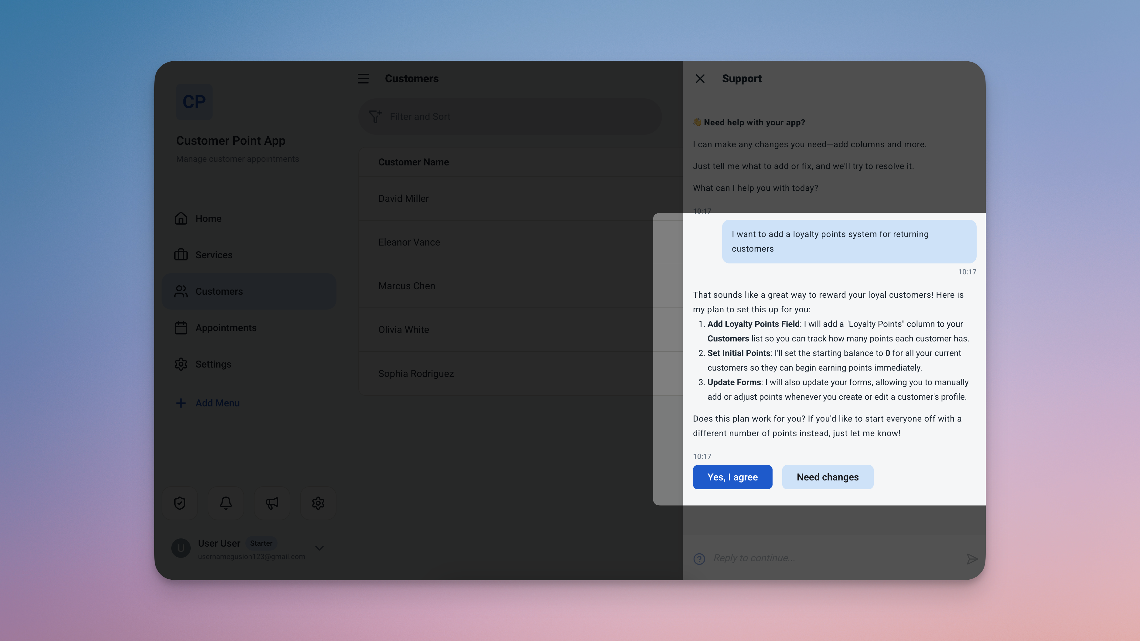 Ambisius AI chat interface showing a user requesting a new loyalty points feature and the AI confirming the change with a credit cost summary