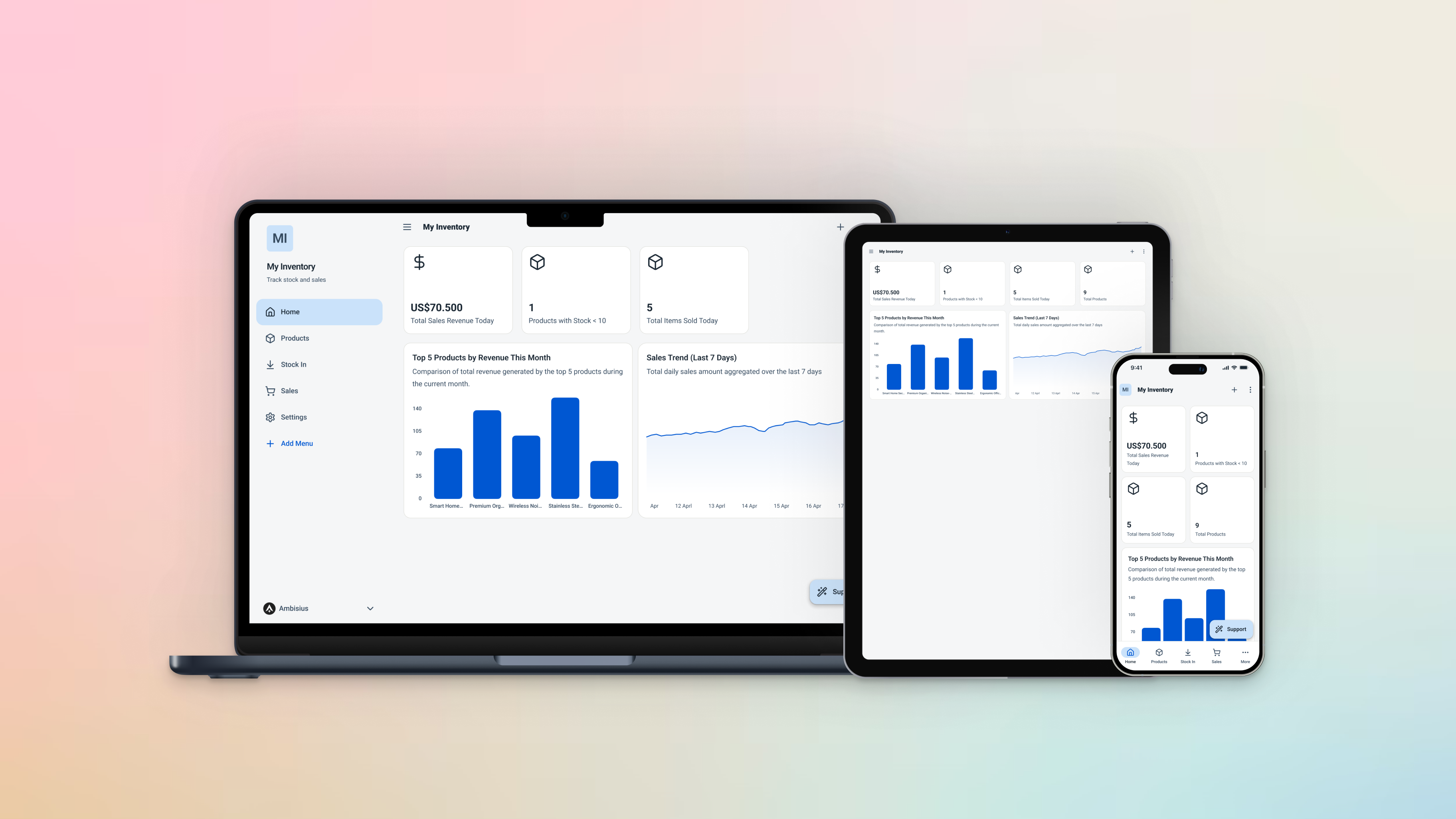 Aplikasi Ambisius di HP, tablet, dan desktop — aplikasi yang sama, responsif di semua perangkat