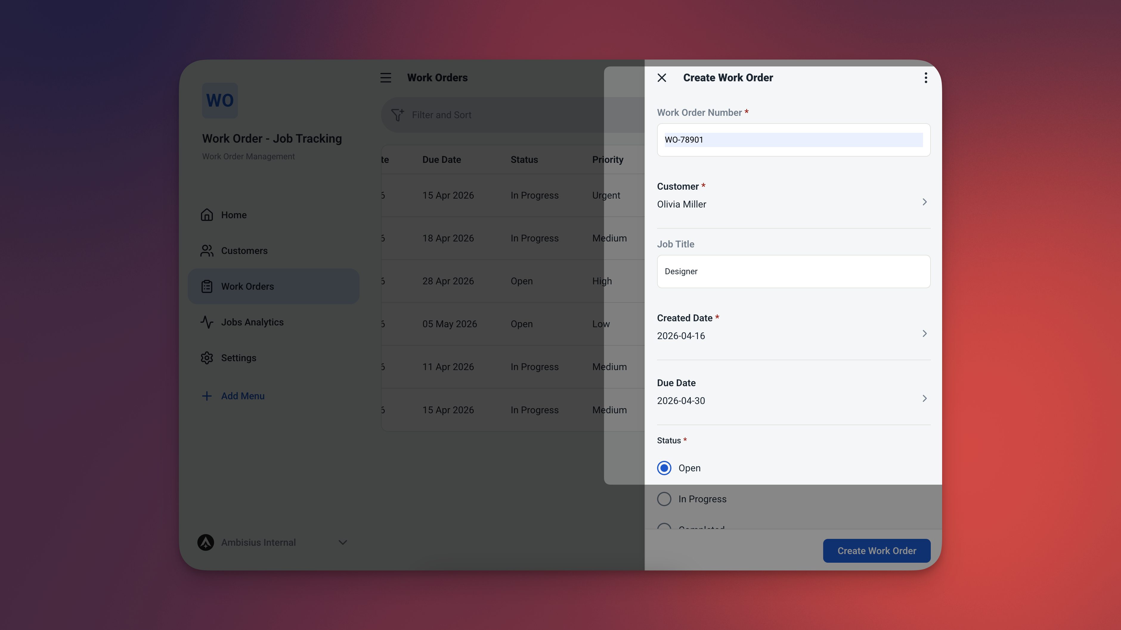 Formulir pesanan kerja menunjukkan bidang dropdown prioritas dan status dengan semua opsi terlihat