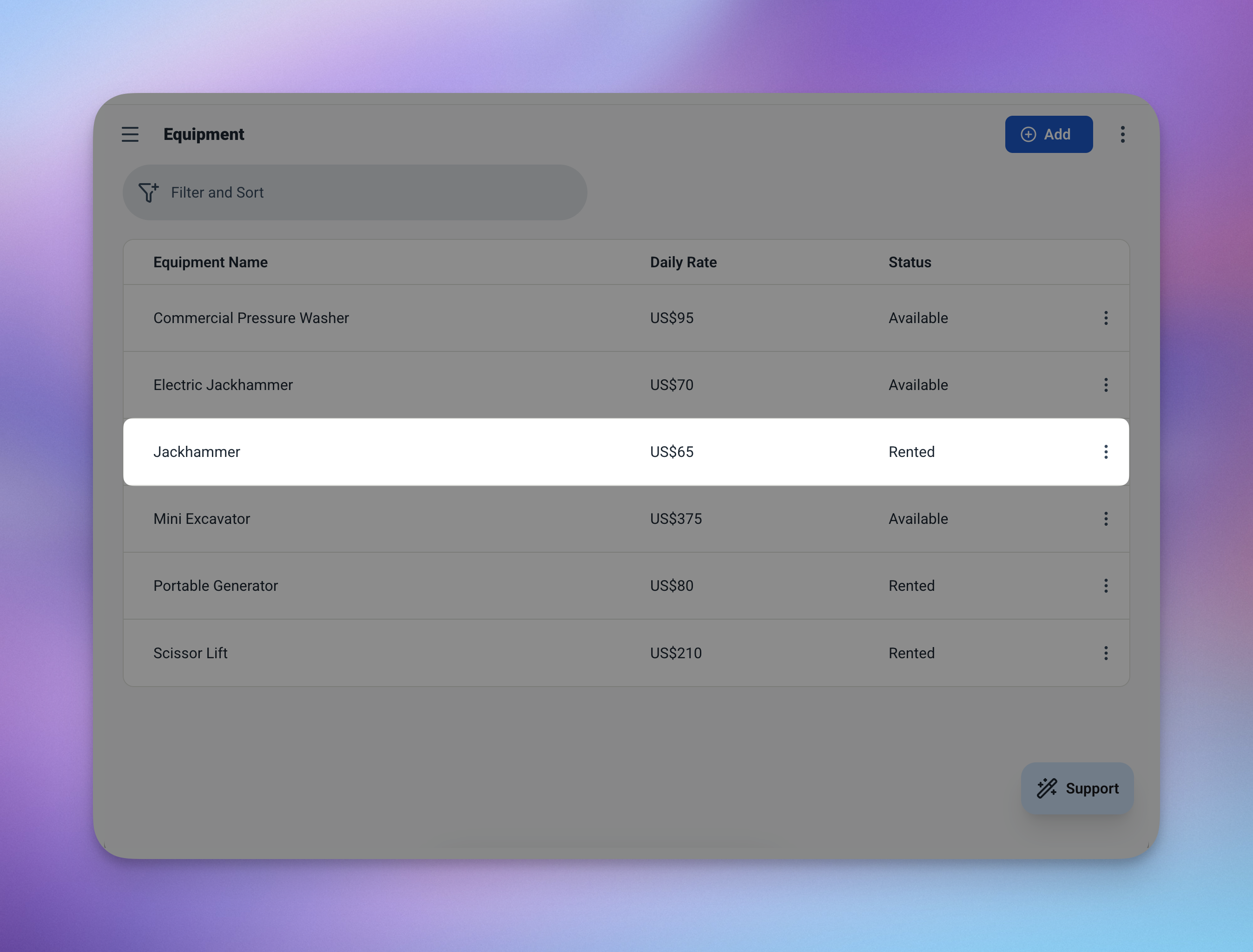 Equipment table in Ambisius showing status automatically flipped to Rented after rental is created