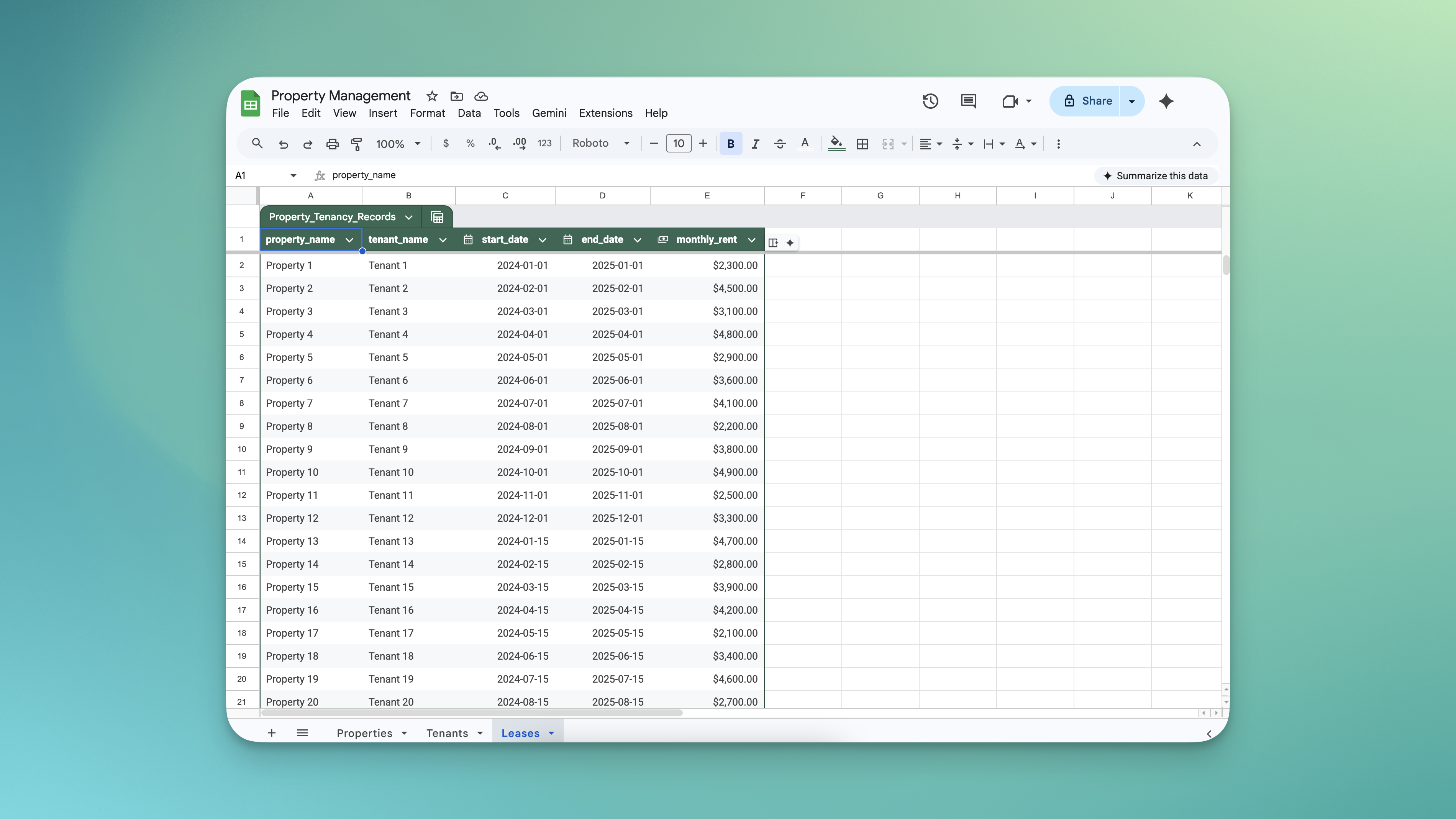 Spreadsheet manajemen properti yang kacau dengan tanggal sewa yang tumpang tindih, catatan pembayaran yang hilang, dan pelacakan status manual
